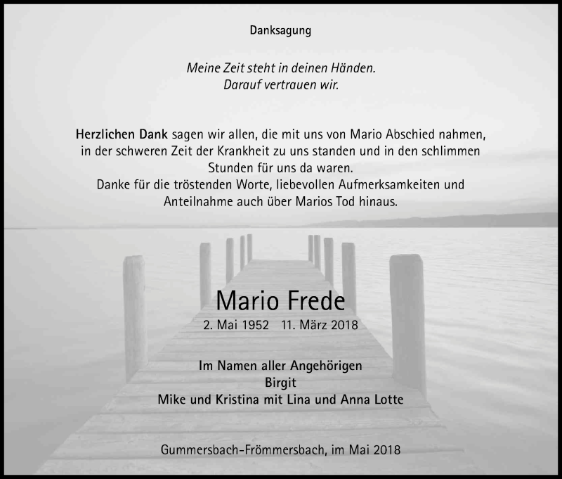  Traueranzeige für Mario Frede vom 26.05.2018 aus Kölner Stadt-Anzeiger / Kölnische Rundschau / Express