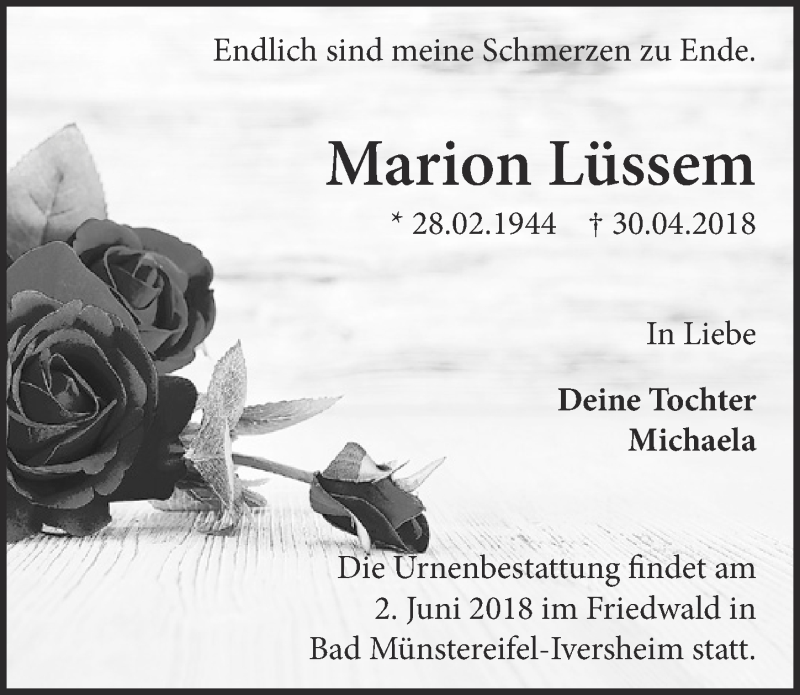  Traueranzeige für Marion Lüssem vom 26.05.2018 aus  Blickpunkt Euskirchen 