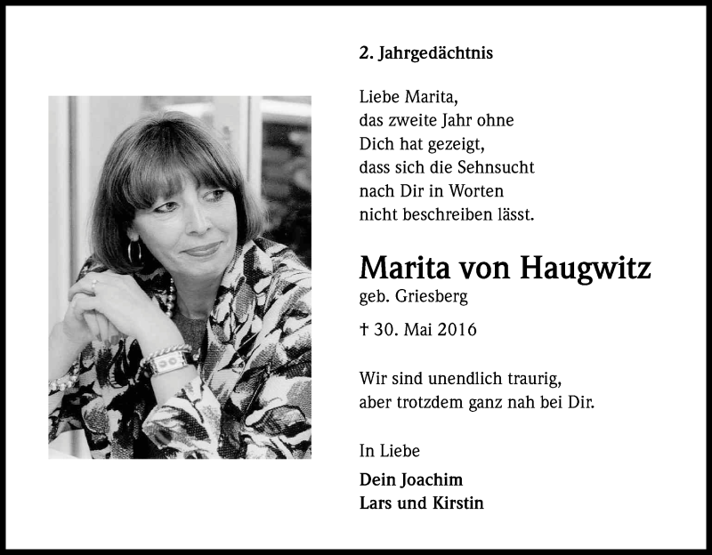  Traueranzeige für Marita von Haugwitz vom 26.05.2018 aus Kölner Stadt-Anzeiger / Kölnische Rundschau / Express