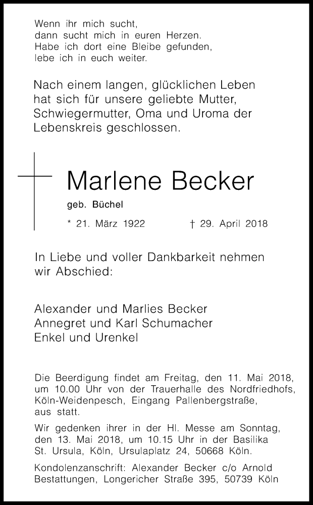  Traueranzeige für Marlene Becker vom 05.05.2018 aus Kölner Stadt-Anzeiger / Kölnische Rundschau / Express