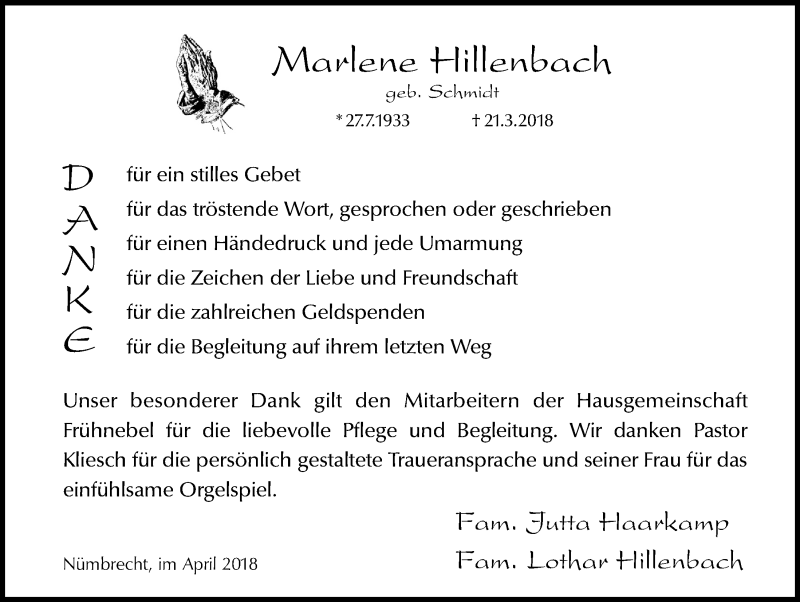  Traueranzeige für Marlene Hillenbach vom 02.05.2018 aus  Lokalanzeiger 