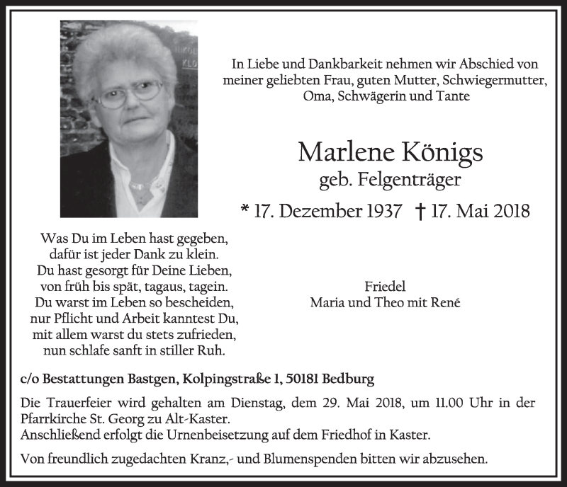  Traueranzeige für Marlene Königs vom 26.05.2018 aus  Sonntags-Post 