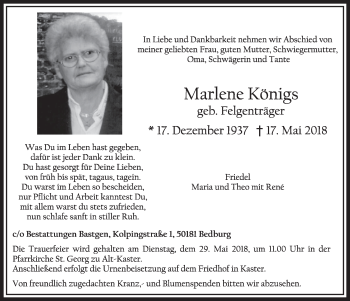 Anzeige von Marlene Königs von  Sonntags-Post 
