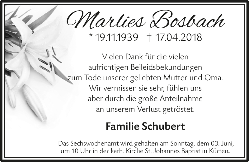  Traueranzeige für Marlies Bosbach vom 30.05.2018 aus  Bergisches Handelsblatt 