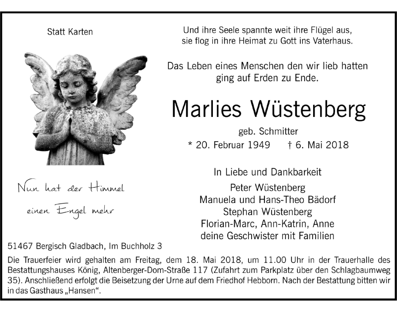  Traueranzeige für Marlies Wüstenberg vom 16.05.2018 aus  Bergisches Handelsblatt 