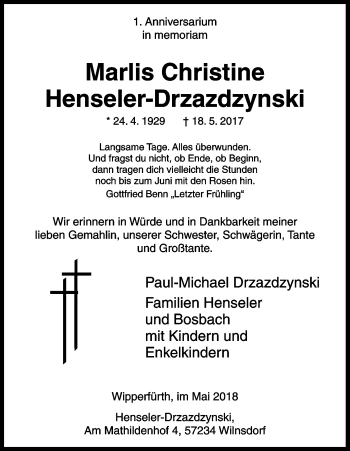 Anzeige von Marlis Christine Henseler-Drzazdzynski von Kölner Stadt-Anzeiger / Kölnische Rundschau / Express