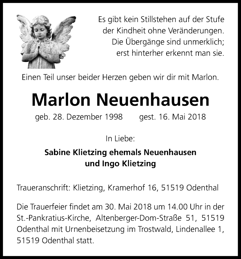  Traueranzeige für Marlon Neuenhausen vom 26.05.2018 aus Kölner Stadt-Anzeiger / Kölnische Rundschau / Express