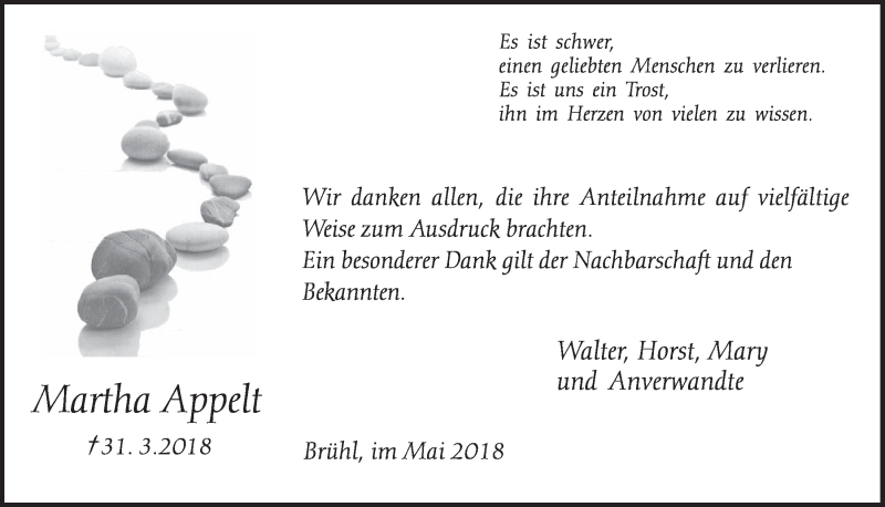  Traueranzeige für Martha Appelt vom 30.05.2018 aus  Schlossbote/Werbekurier 