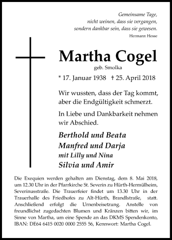 Anzeige von Martha Cogel von Kölner Stadt-Anzeiger / Kölnische Rundschau / Express
