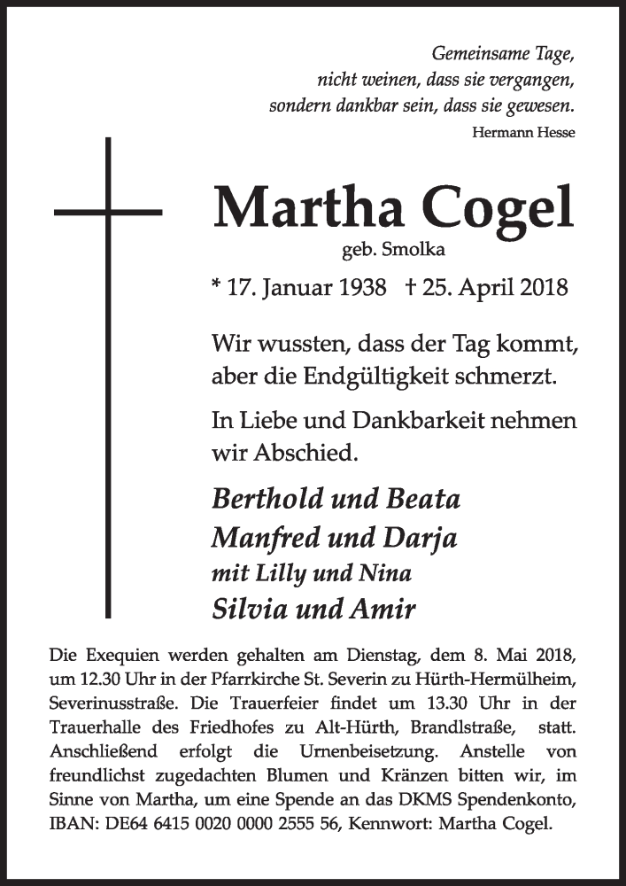  Traueranzeige für Martha Cogel vom 05.05.2018 aus 