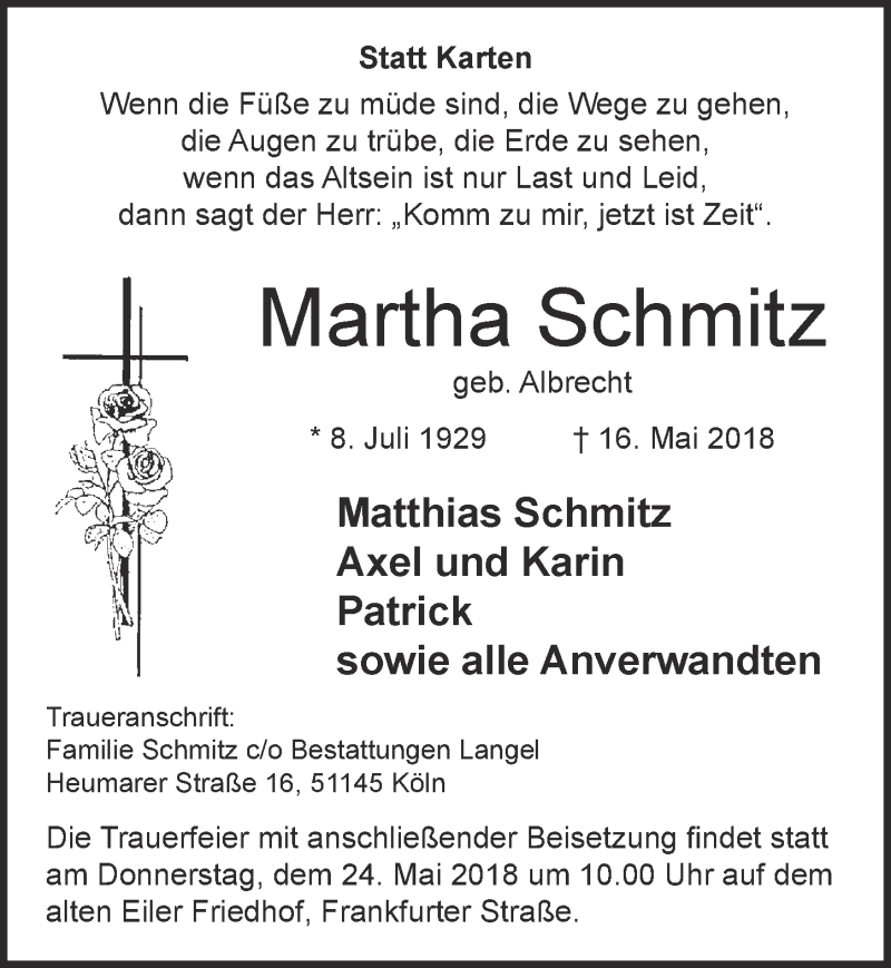  Traueranzeige für Martha Schmitz vom 23.05.2018 aus  Kölner Wochenspiegel 