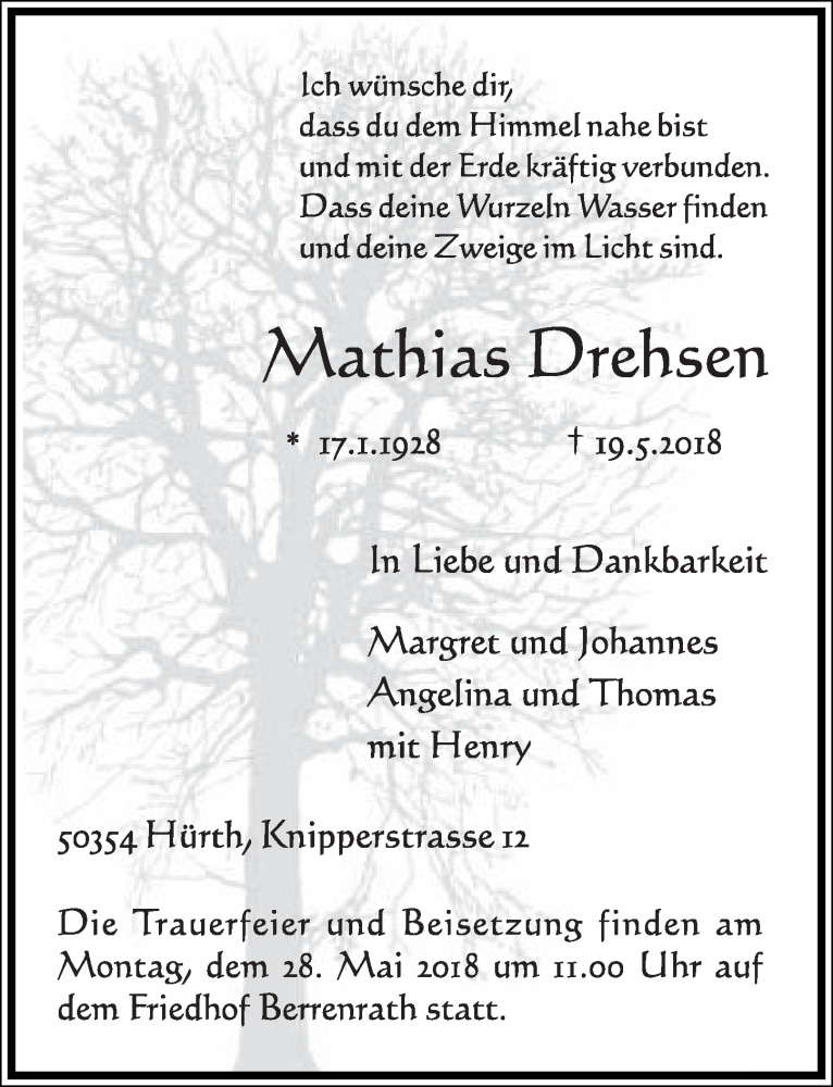  Traueranzeige für Mathias Drehsen vom 26.05.2018 aus  Sonntags-Post 