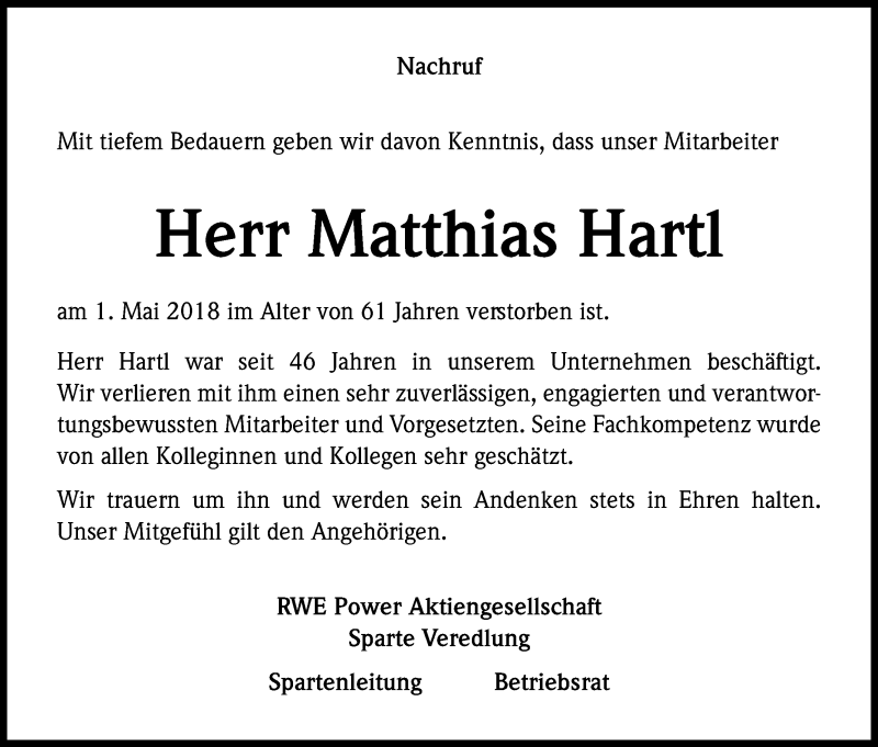  Traueranzeige für Matthias Hartl vom 09.05.2018 aus Kölner Stadt-Anzeiger / Kölnische Rundschau / Express