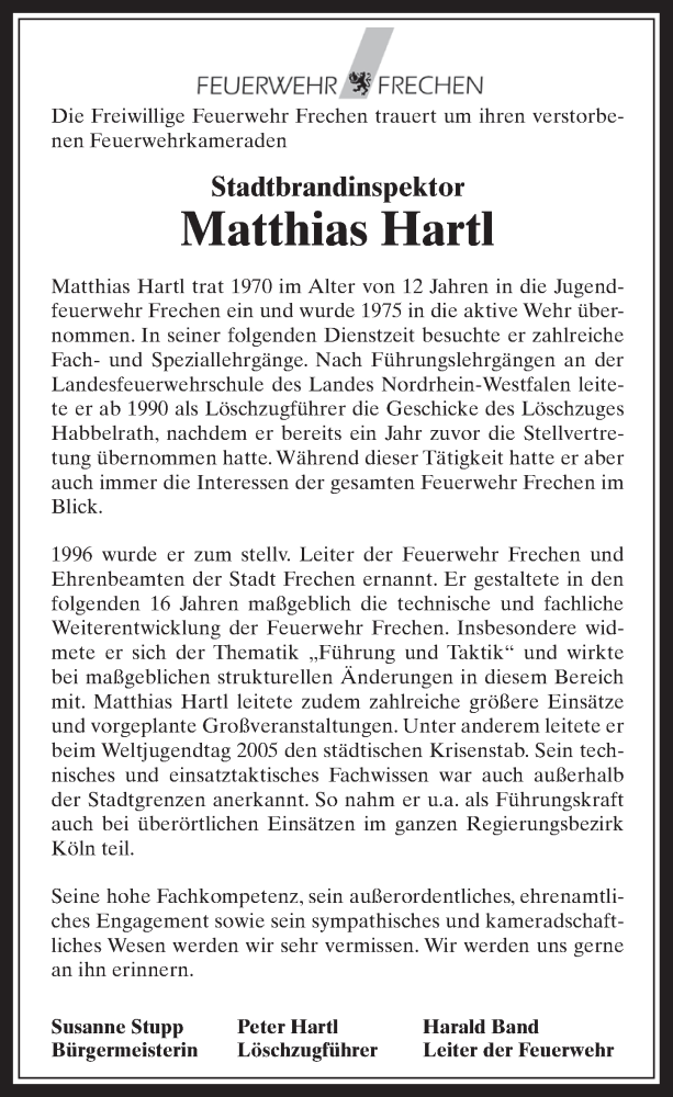  Traueranzeige für Matthias Hartl vom 16.05.2018 aus  Wochenende 