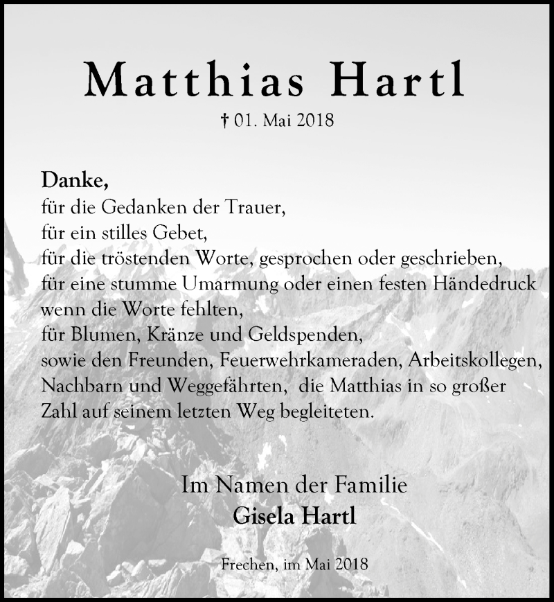  Traueranzeige für Matthias Hartl vom 18.07.2023 aus  Wochenende 