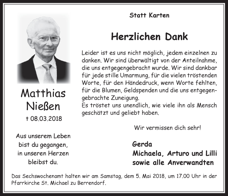  Traueranzeige für Matthias Nießen vom 02.05.2018 aus  Werbepost 