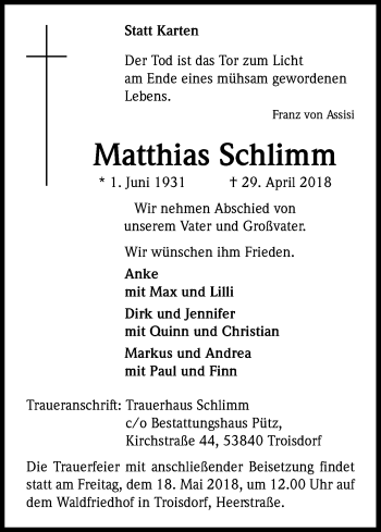 Anzeige von Matthias Schlimm von Kölner Stadt-Anzeiger / Kölnische Rundschau / Express