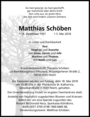 Anzeige von Matthias Schöben von Kölner Stadt-Anzeiger / Kölnische Rundschau / Express