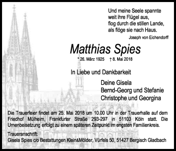 Anzeige von Matthias Spies von Kölner Stadt-Anzeiger / Kölnische Rundschau / Express