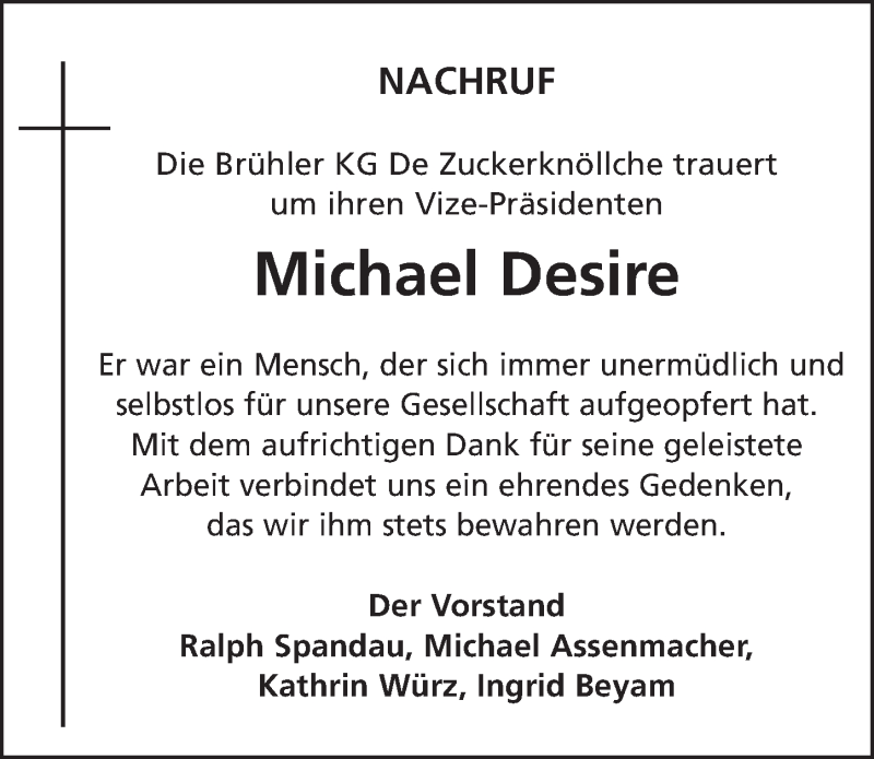  Traueranzeige für Michael Desire vom 30.05.2018 aus  Schlossbote/Werbekurier 