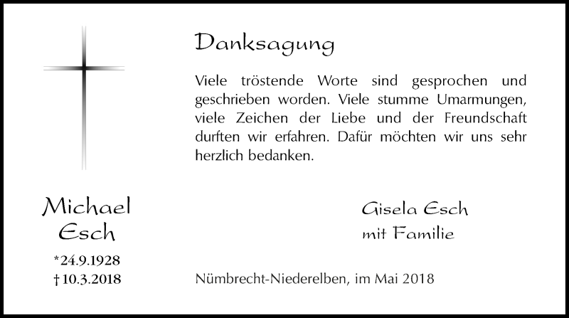  Traueranzeige für Michael Esch vom 09.05.2018 aus  Lokalanzeiger 
