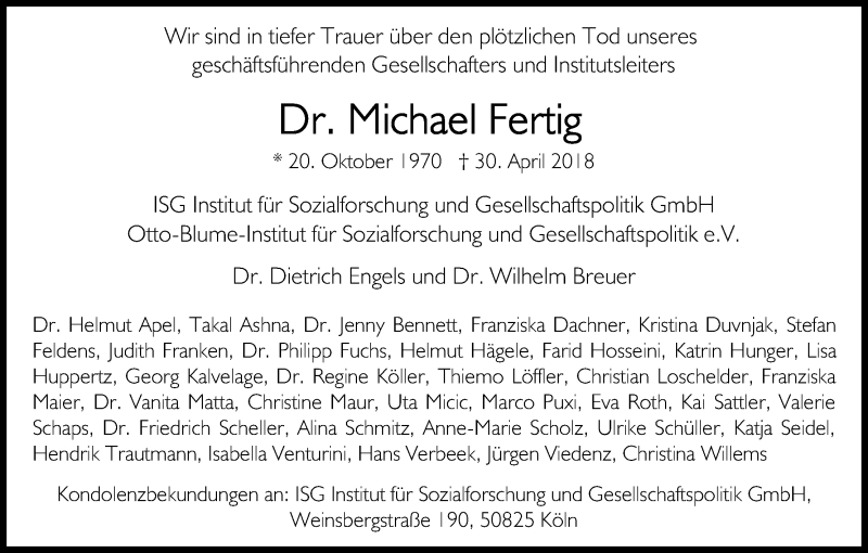  Traueranzeige für Michael Fertig vom 05.05.2018 aus Kölner Stadt-Anzeiger / Kölnische Rundschau / Express