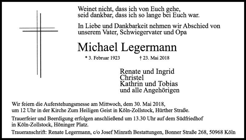  Traueranzeige für Michael Legermann vom 26.05.2018 aus Kölner Stadt-Anzeiger / Kölnische Rundschau / Express