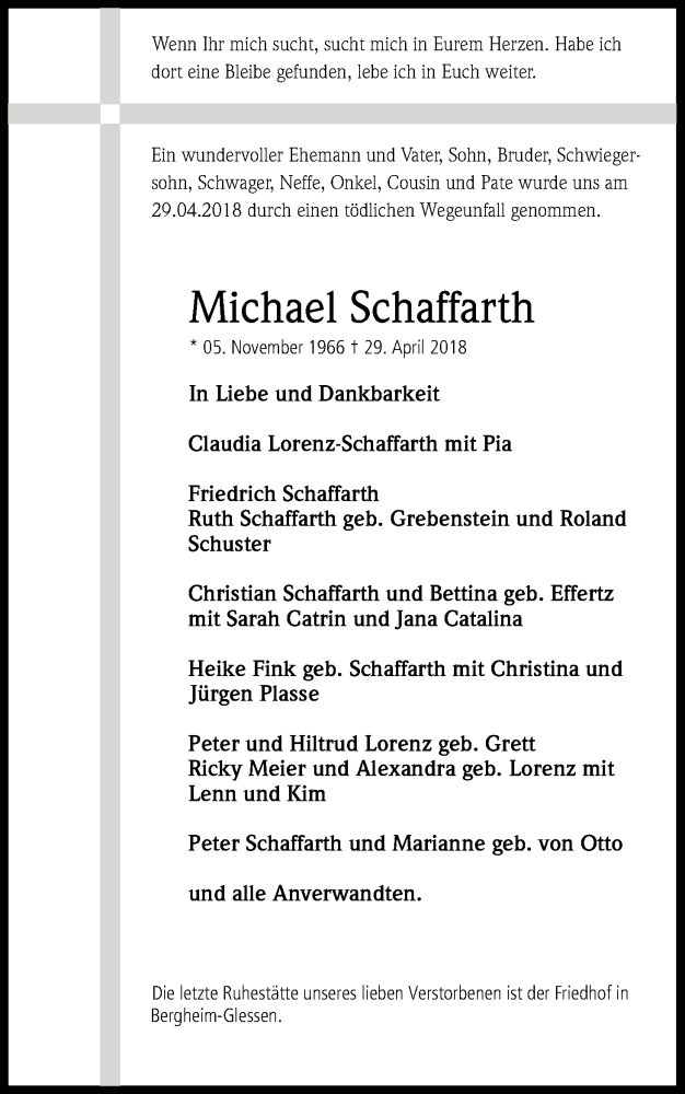  Traueranzeige für Michael Schaffarth vom 16.05.2018 aus Kölner Stadt-Anzeiger / Kölnische Rundschau / Express
