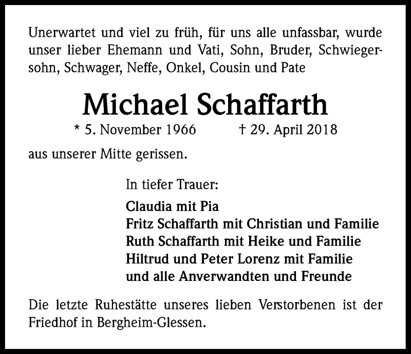  Traueranzeige für Michael Schaffarth vom 12.05.2018 aus Kölner Stadt-Anzeiger / Kölnische Rundschau / Express