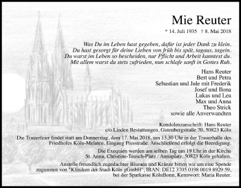 Anzeige von Mie Reuter von Kölner Stadt-Anzeiger / Kölnische Rundschau / Express