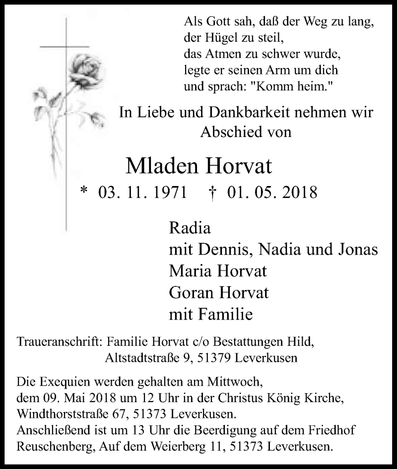  Traueranzeige für Mladen Horvat vom 08.05.2018 aus Kölner Stadt-Anzeiger / Kölnische Rundschau / Express
