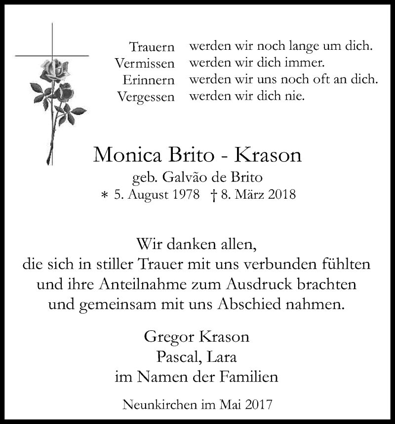  Traueranzeige für Monica Brito-Krason vom 05.05.2018 aus Kölner Stadt-Anzeiger / Kölnische Rundschau / Express