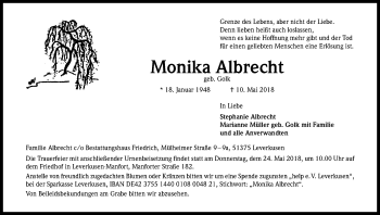 Anzeige von Monika Albrecht von Kölner Stadt-Anzeiger / Kölnische Rundschau / Express