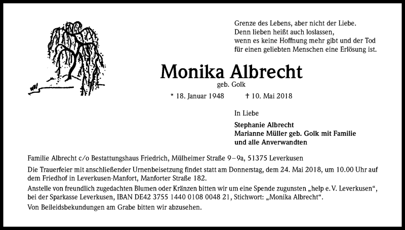  Traueranzeige für Monika Albrecht vom 19.05.2018 aus Kölner Stadt-Anzeiger / Kölnische Rundschau / Express