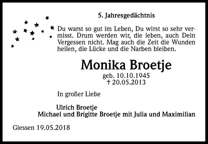  Traueranzeige für Monika Broetje vom 19.05.2018 aus Kölner Stadt-Anzeiger / Kölnische Rundschau / Express