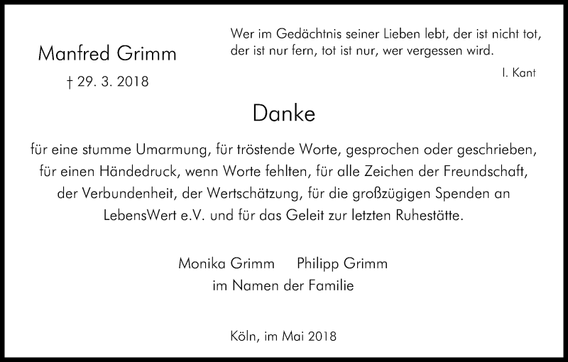  Traueranzeige für Monika Grimm vom 12.05.2018 aus Kölner Stadt-Anzeiger / Kölnische Rundschau / Express