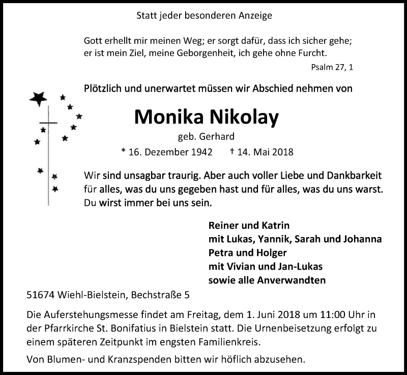  Traueranzeige für Monika Nikolay vom 19.05.2018 aus Kölner Stadt-Anzeiger / Kölnische Rundschau / Express