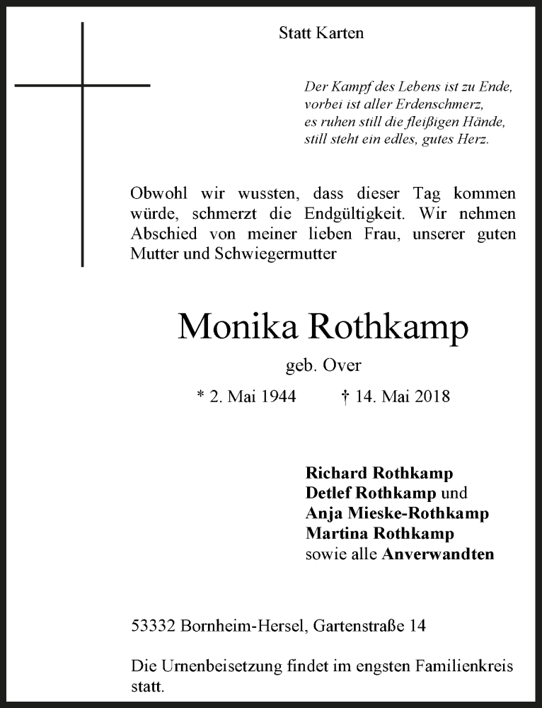  Traueranzeige für Monika Rothkamp vom 23.05.2018 aus  Schaufenster/Blickpunkt 