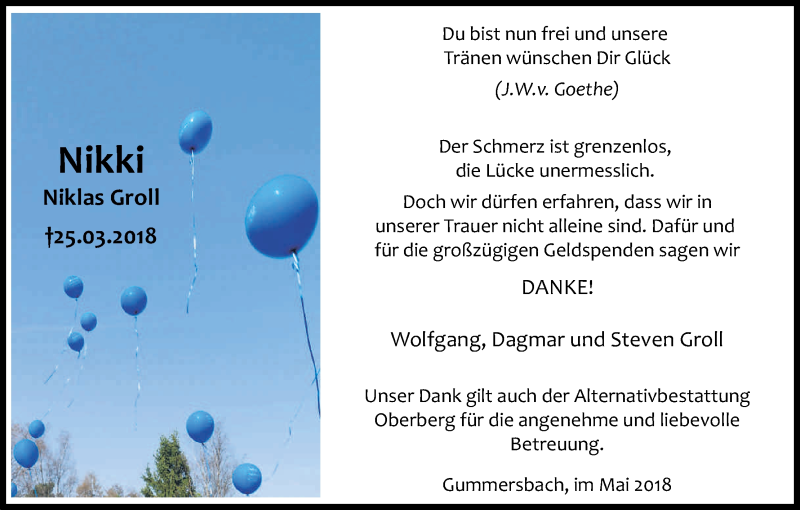  Traueranzeige für Niklas Groll vom 24.05.2018 aus Kölner Stadt-Anzeiger / Kölnische Rundschau / Express