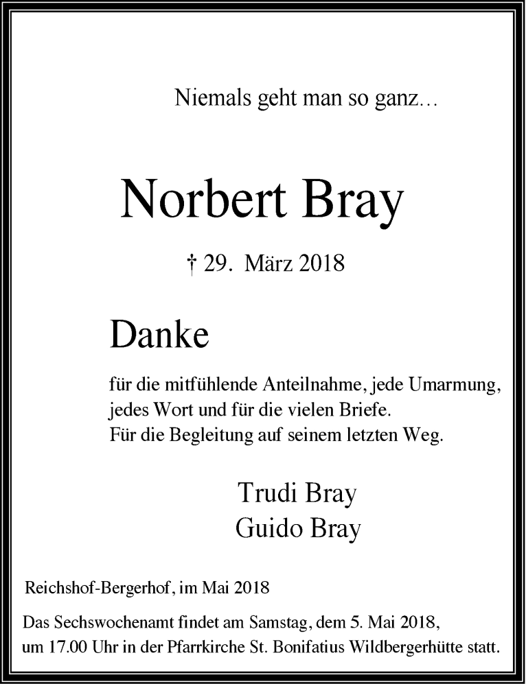  Traueranzeige für Norbert Bray vom 02.05.2018 aus  Lokalanzeiger 
