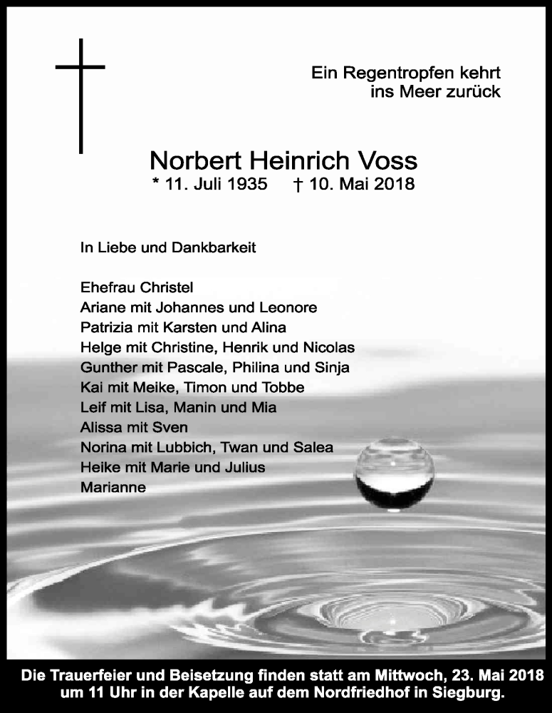  Traueranzeige für Norbert Heinrich Voss vom 19.05.2018 aus Kölner Stadt-Anzeiger / Kölnische Rundschau / Express