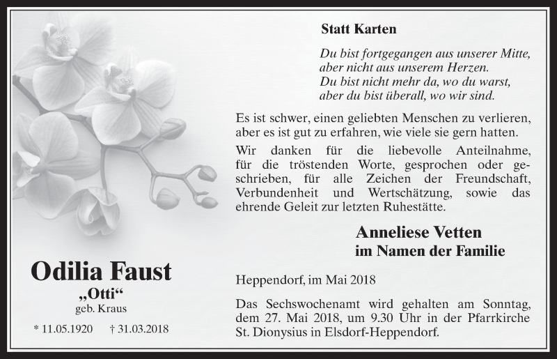  Traueranzeige für Odilia Faust vom 23.05.2018 aus  Werbepost 