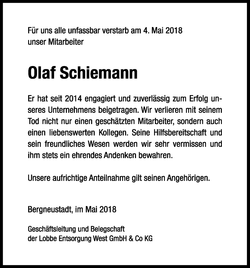  Traueranzeige für Olaf Schiemann vom 10.05.2018 aus Kölner Stadt-Anzeiger / Kölnische Rundschau / Express