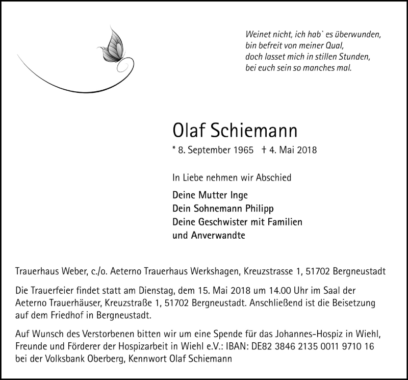  Traueranzeige für Olaf Schiemann vom 09.05.2018 aus  Anzeigen Echo 
