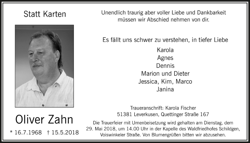  Traueranzeige für Oliver Zahn vom 23.05.2018 aus  Bergisches Handelsblatt 