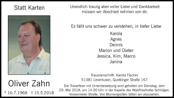 Anzeige von Oliver Zahn von Kölner Stadt-Anzeiger / Kölnische Rundschau / Express