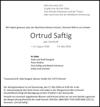 Anzeige von Ortrud Saftig von Kölner Stadt-Anzeiger / Kölnische Rundschau / Express