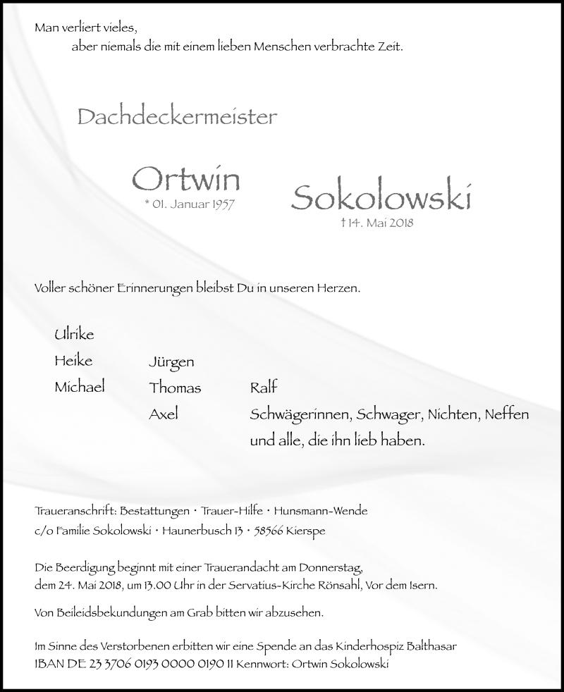  Traueranzeige für Ortwin Sokolowski vom 19.05.2018 aus Kölner Stadt-Anzeiger / Kölnische Rundschau / Express