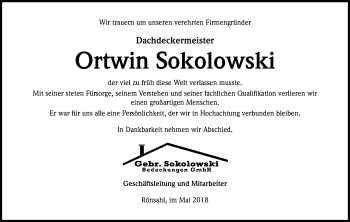 Anzeige von Ortwin Sokolowski von Kölner Stadt-Anzeiger / Kölnische Rundschau / Express