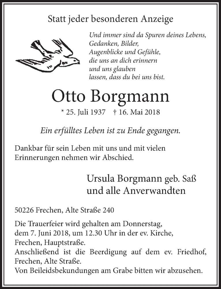  Traueranzeige für Otto Borgmann vom 26.05.2018 aus  Sonntags-Post 